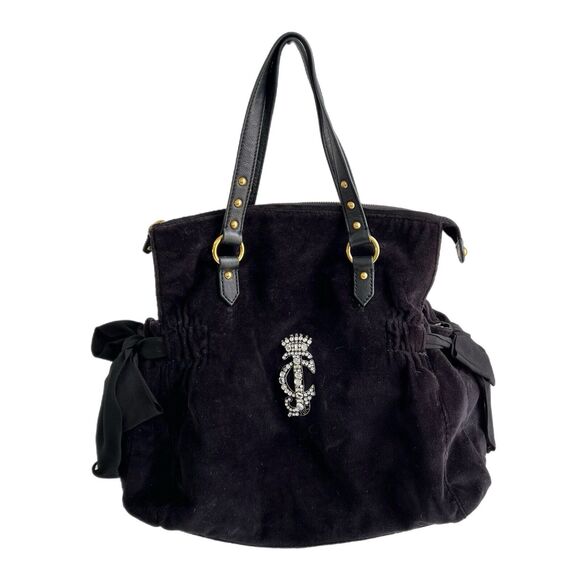 Juicy Couture Handbags - Vintage Juicy Couture Handbag Y2K Black Velour Shoulder Bag Big Rhinestones Bow